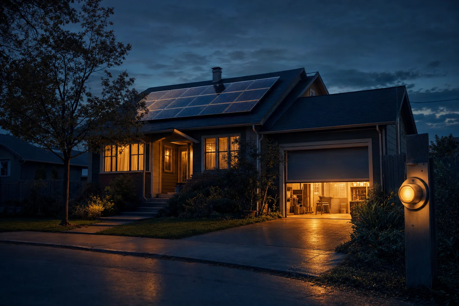 A modest house at blue hour with solar panels on the roof and a half-open garage door spilling warm golden light, while the electric meter on its post at the property line glows amber like a lantern.