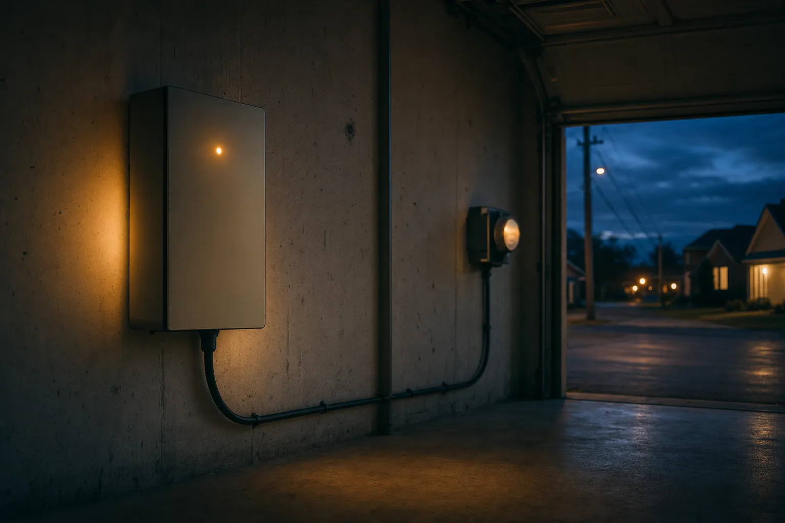 A bare concrete garage at night with a plain wall-mounted battery cabinet glowing a single amber light, a cable running along the wall to an electric meter beside the open door, and a quiet blue-hour street of houses and a utility pole beyond.