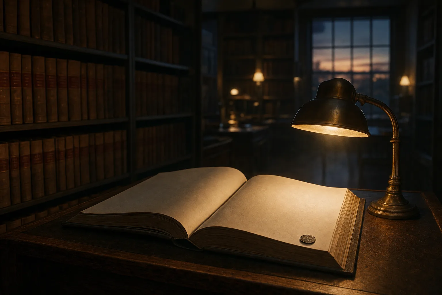 A dim public records room lined with bound ledgers, one large ledger lying open on an oak table under a brass lamp, a single small coin resting at the edge of its blank page.