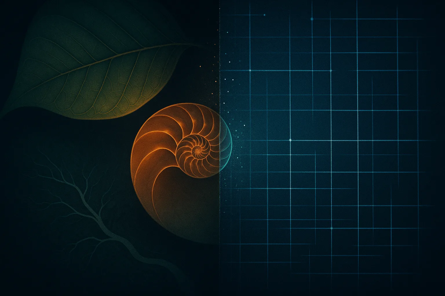 A composition split down the middle: the curved grown world of a leaf, a spiral shell, and a branching river on one side in warm light; the drawn world of straight lines and a blueprint grid on the other; the seam dissolving into points of light.