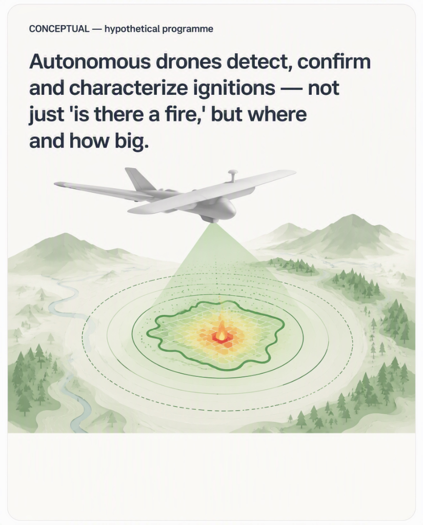 CONCEPTUAL — hypothetical programme. Autonomous drones detect, confirm and characterize ignitions — not just ‘is there a fire,’ but where and how big.