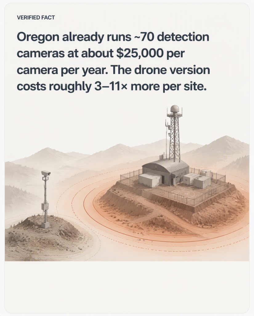 VERIFIED FACT. Oregon already runs ~70 detection cameras at about $25,000 per camera per year. The drone version costs roughly 3–11× more per site.