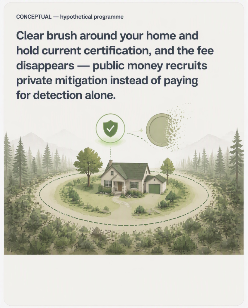 CONCEPTUAL — hypothetical programme. Clear brush around your home and hold current certification, and the fee disappears — public money recruits private mitigation instead of paying for detection alone.