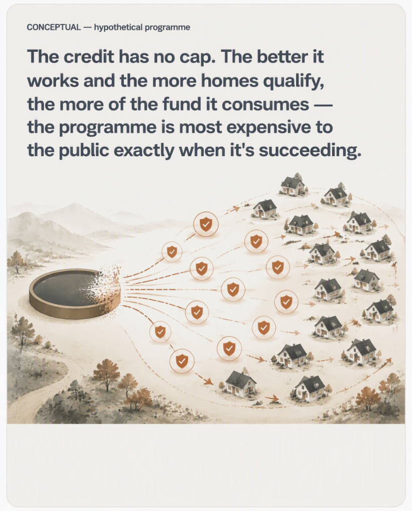 CONCEPTUAL — hypothetical programme. The credit has no cap. The better it works and the more homes qualify, the more of the fund it consumes — the programme is most expensive to the public exactly when it’s succeeding.