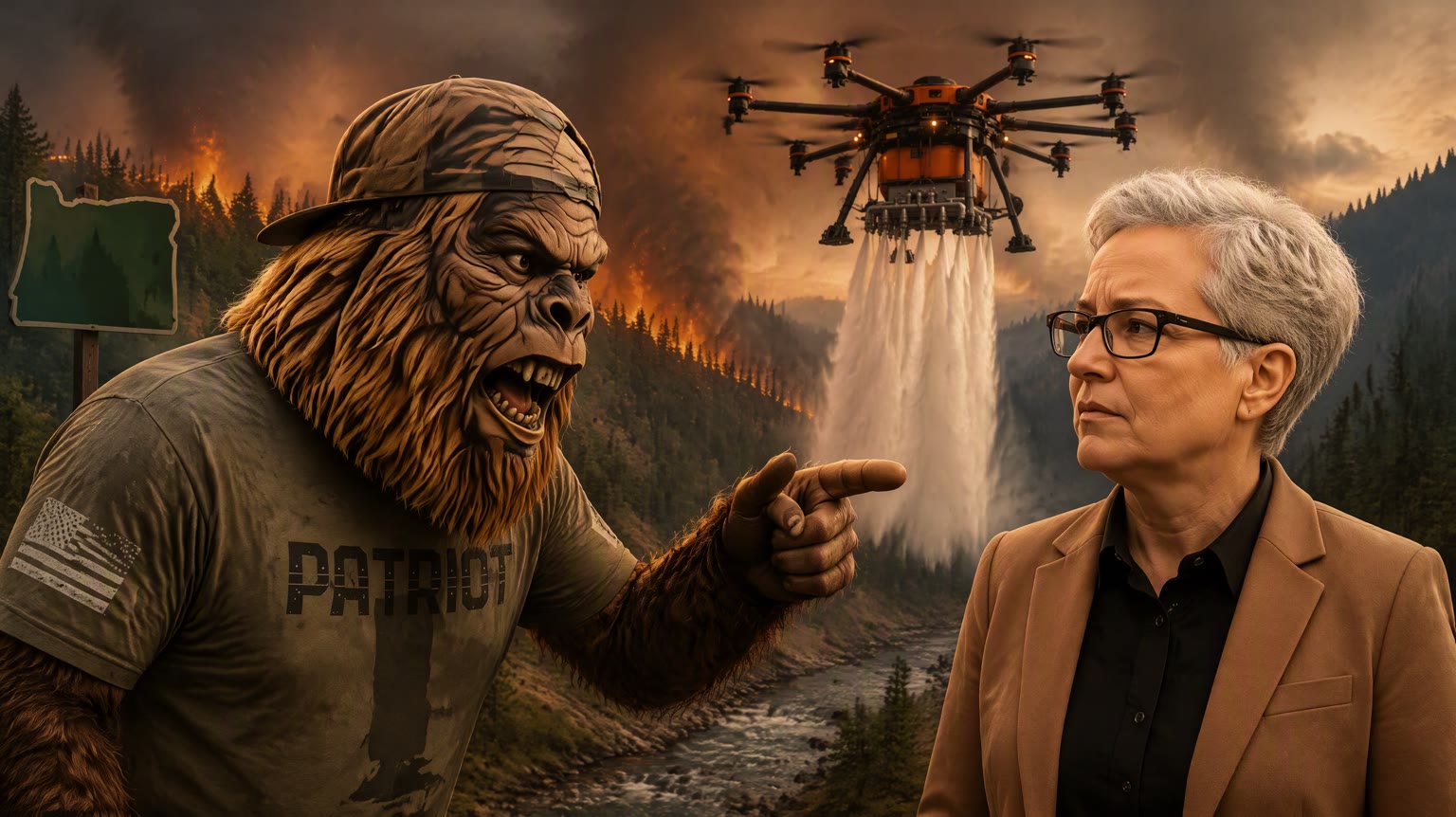 A satirical illustration: a snarling Bigfoot in a camouflage cap and an olive PATRIOT T-shirt jabs a finger toward a grey-haired woman in a tan blazer and dark-framed glasses resembling Oregon Governor Tina Kotek. Behind them a forested ridge burns under an orange smoke sky, an Oregon-shaped road sign stands at the left, and a large firefighting drone hovers over the valley releasing a plume of water.