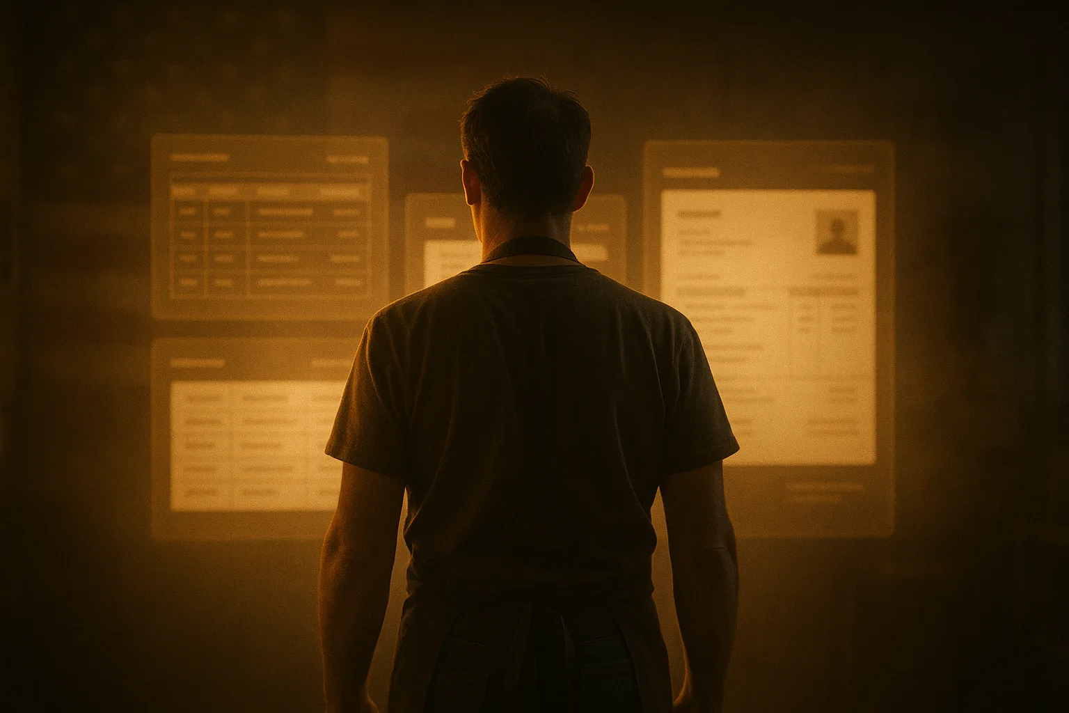 A lone small-business owner seen from behind at dawn, standing before large softly glowing holographic panels of a schedule, invoices, and customer records that they alone control.