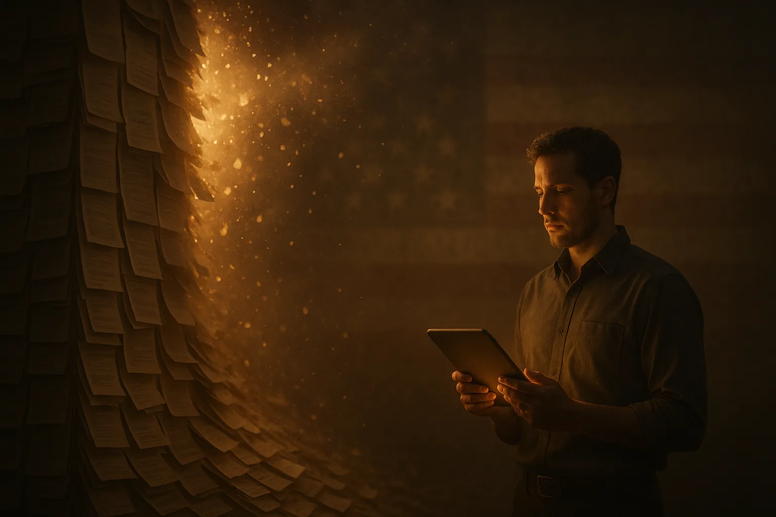 A towering wall of paper job descriptions and resumes dissolving into motes of warm light, while a single capable figure stands unbothered in the foreground holding a glowing tablet — capability and headcount coming apart.