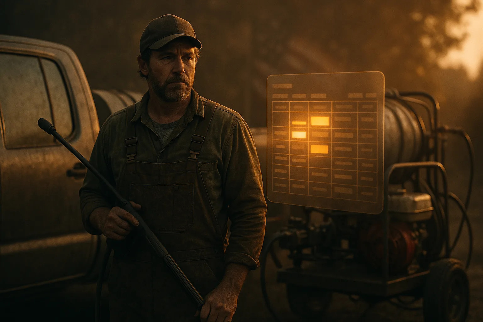 A weathered exterior-cleaning operator at golden hour beside a work truck and pressure washer, a translucent glowing dashboard of schedules and job records hovering at his side as if part of the rig.