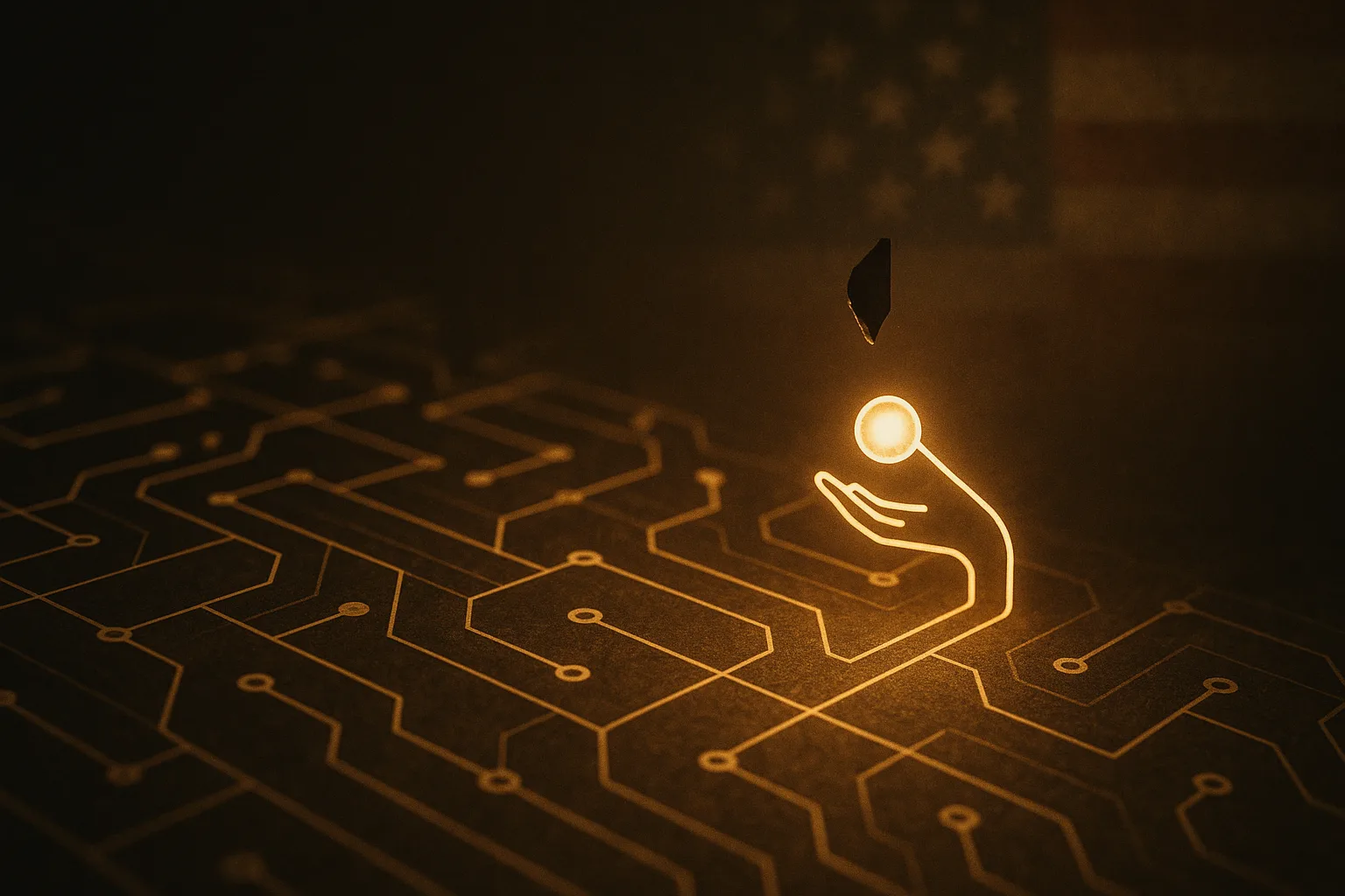 An intricate glowing blueprint of interlocking nodes where one bright guardian node reaches out and catches a single falling dark error-shard before it lands — encoded judgment, the safety check made visible.