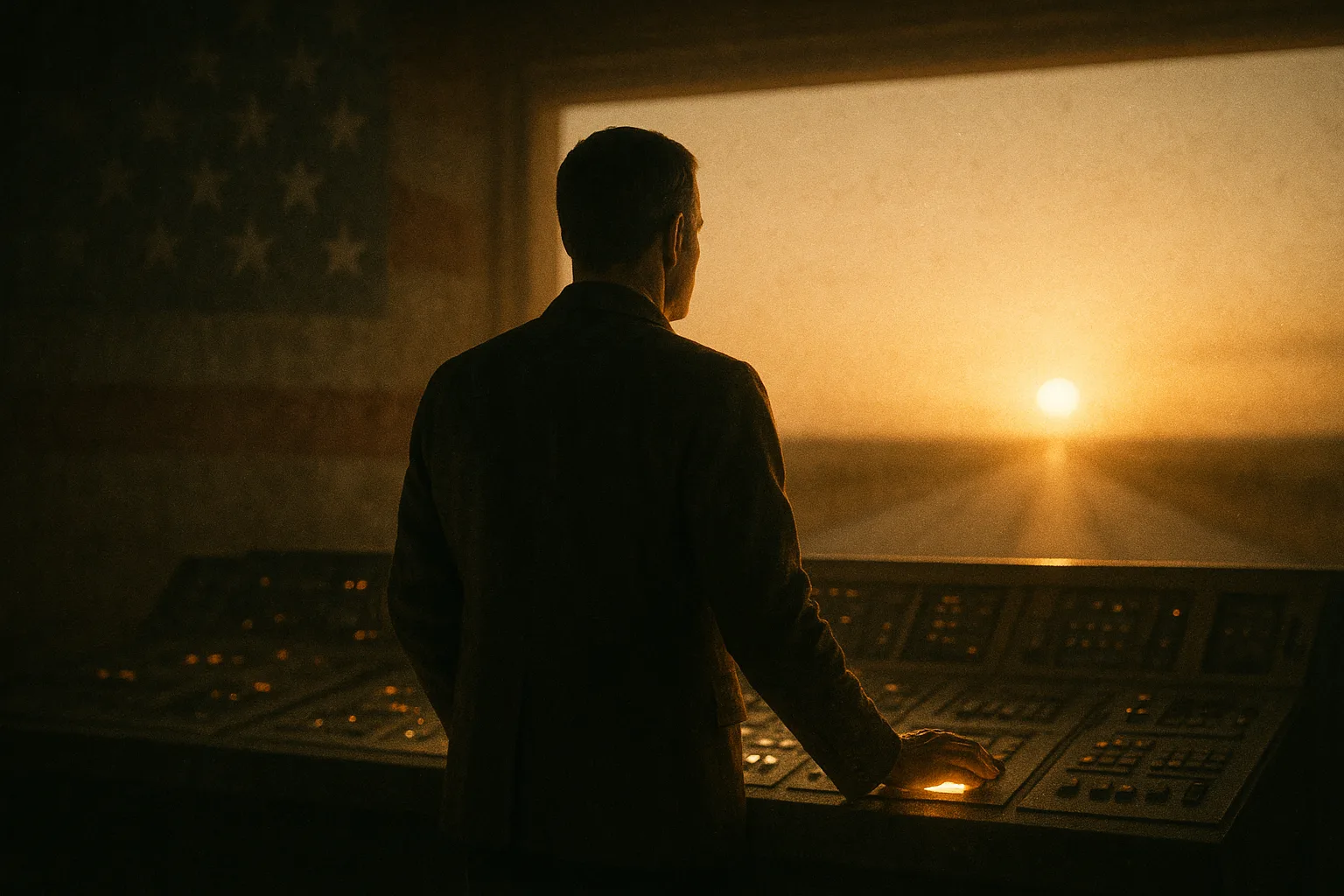 A single person standing at a clean glowing control console at first light, one hand resting on the controls, looking out toward a wide bright horizon — full ownership and quiet resolve.